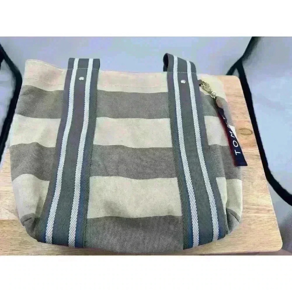 Tommy Hilfiger‎ Grey and Blue Canvas Beach Shoulder Tote Bag - Picture 2 of 8